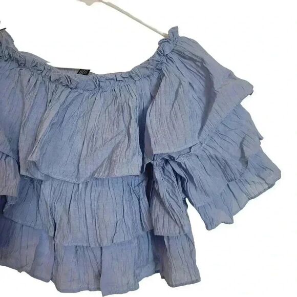 Aqua Women's Sky Blue Rayon/Nylon Off the Shoulder Cropped Ruffle Shirt - Picture 4 of 7